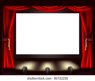 Illustration of cinema screen, lights and curtain