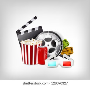 Illustration with cinema theme including movie roll, tickets, 3d glasses and popcorn