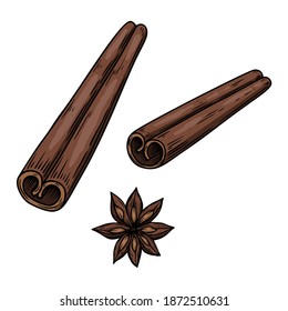 Illustration of cinnamon in engraving style. Design element for emblem, sign, poster, card, banner, flyer. Vector illustration