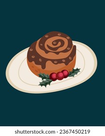  Illustration Cinnamon Roll with Chocolate and Plate