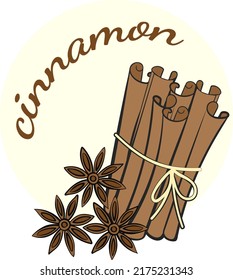 Illustration of cinnamon sticks and star anise with the text Cinnamon. Vector illustration