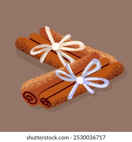 Illustration of cinnamon, two sets tied with ribbons, on a brown background in vector format
