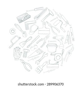 Illustration of a circle filled with hand drawn construction tools.