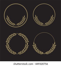 Illustration circle frame with leafs set in gold color on black background. Collection. Vector illustration.