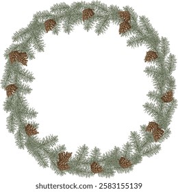 illustration with circle garland from pine branches isolated on white background