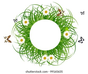 ilustración con marco de césped verde circular y mariposas