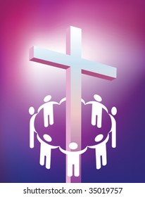 ilustração de círculo com as mãos em torno da cruz cristã