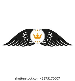 Illustration of a circle logo with wings and stars on a white background