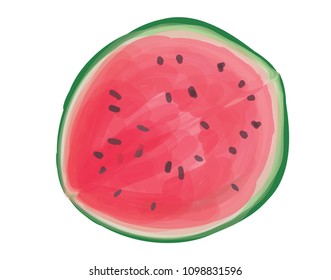 Illustration of circle slice of red watermelon with seeds looks like using watercolors on white background.