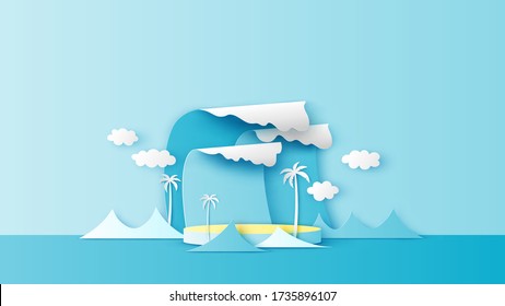 Illustration of circle stage podium sea waves backdrop decorated with coconut tree, cloud and blank space. Summer backdrop. paper cut and craft style. vector, illustration.