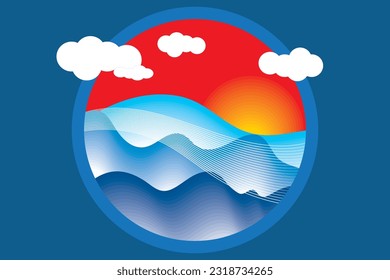 Illustration circle with sunrise on blue mountain and white line on deep blue background.