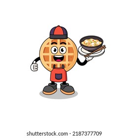 Illustration of circle waffle as an asian chef , character design