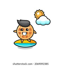 Illustration of circle waffle cartoon do surfing on the beach , cute design