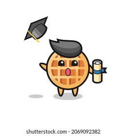 Ilustración de caricatura de gofre circular lanzando el sombrero a la graduación, diseño lindo