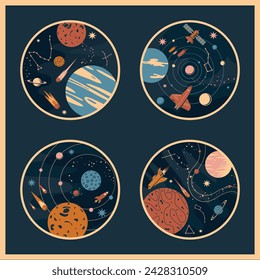 an illustration with circles with different cosmic elements inside vector illustration