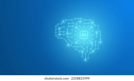 Illustration of a circuit board with a brain and microchip processor . Artificial intelligence background.