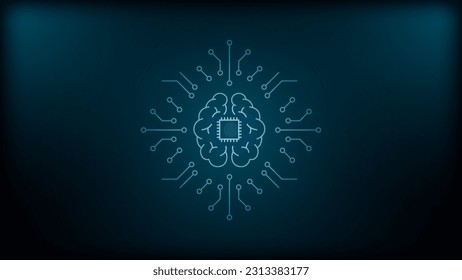 Illustration of a circuit board with a brain and microchip processor. Artificial intelligence background.