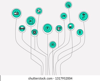 Illustration circuit board tree shape and electricity icons. Vector