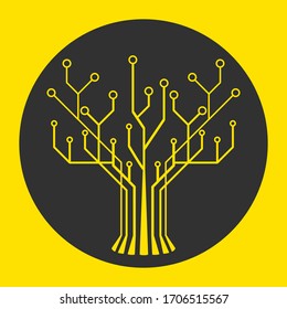 Illustration Circuit-Baum-Design in schwarzem Kreis auf gelbem Hintergrund.