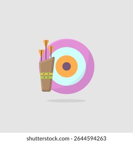 Illustration of a circular archery target. Beside it is a quiver containing several arrows. representing competition in archery.