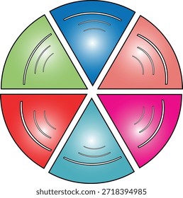 Ilustración de un diagrama circular dividido en seis segmentos de color con efectos de degradado y líneas curvas