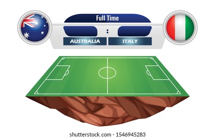 Illustration of circular flag of Australia and Italy on the football field background. The concept of football match Australia vs Italy.