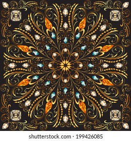illustration of a circular gold floral patterns and precious stones
