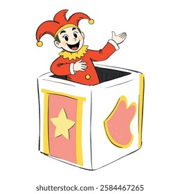 Illustration of a Circus Clown Toy Popping Out of a Box, A Classic Funfair Element A classic circus jack in the box with a clown popping out, evoking nostalgia and amusement.