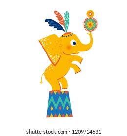 Illustration of a circus elephant in cartoon style on a pedestal during the performance. Cute circus animals. Vector illustration. For postcard, poster, pattern, packaging.