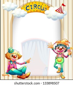 Illustration of a circus entrance with a male and a female clown