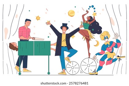 Illustration of circus performers, including a magician, clown, juggler, and assistant in dynamic poses on a white background. Concept of entertainment and fun. Vector illustration