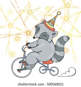 Illustration with a circus raccoon on a bike. Vector image.