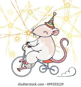 Illustration with a circus rat on a bike. Vector image.