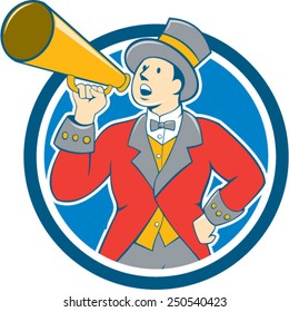 Illustration of circus ringleader ringmaster ring leader announcer wearing tall top hat  and bow tie suit speaking thru a bullhorn set inside circle on isolated background.