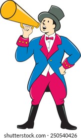 Illustration of circus ringleader ringmaster ring leader announcer wearing tall top hat  and bow tie suit speaking thru a bullhorn standing facing front on isolated background.