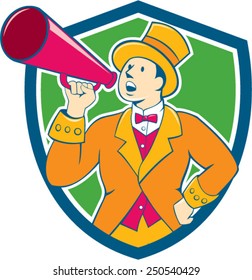 Illustration of circus ringleader ringmaster ring leader announcer wearing tall top hat  and bow tie suit speaking thru a bullhorn set inside crest shield shape on isolated background.