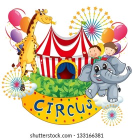 Illustration of a circus show with kids and animals on a white background