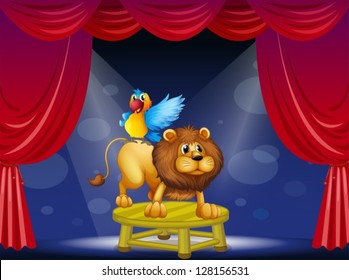 Illustration of a circus showing the lion and the parrot