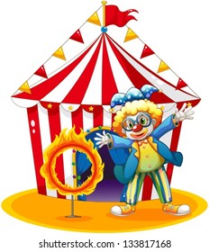 Illustration of a circus tent at the back of the clown with a ring of fire on a white background