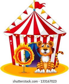 Illustration of a circus tent at the back of the tiger and the ring of fire on a white background