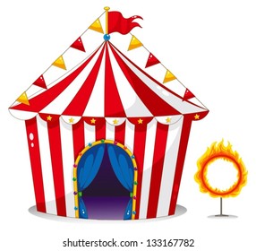 Illustration of a circus tent beside a ring of fire on a white background