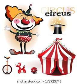 Illustration of a circus tent, clowns