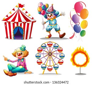 Illustration of a circus tent, clowns, ferris wheel, balloons and a ring of fire on a white background