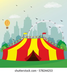 Illustration of circus tent design with city background. Colorful recreation area. Flat style vector illustration.