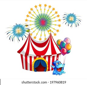 Illustration of a circus tent with a monster in the front on a white background