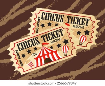 Illustration of a circus ticket on a brown background.