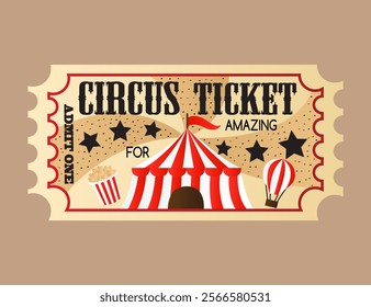 Illustration of circus ticket on light brown background.