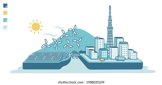 Illustration of cities and renewable energy