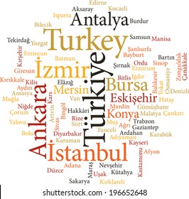 illustration of the cities of Turkey in word clouds isolated on white background