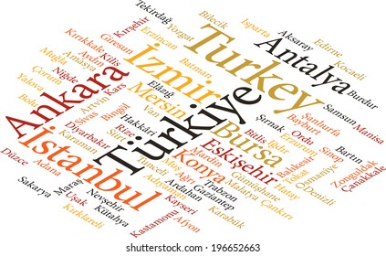 illustration of the cities of Turkey in word clouds isolated on white background